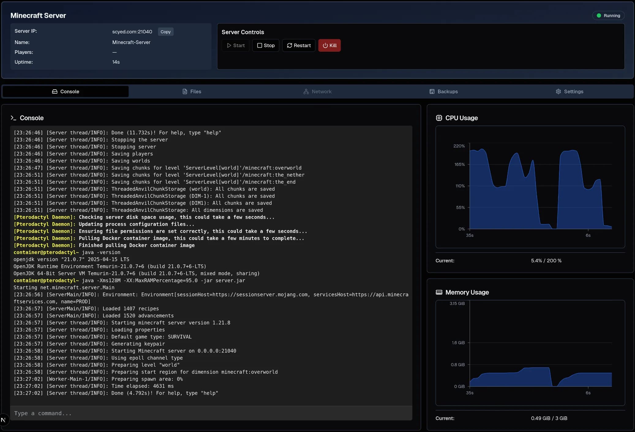 Control panel screenshot